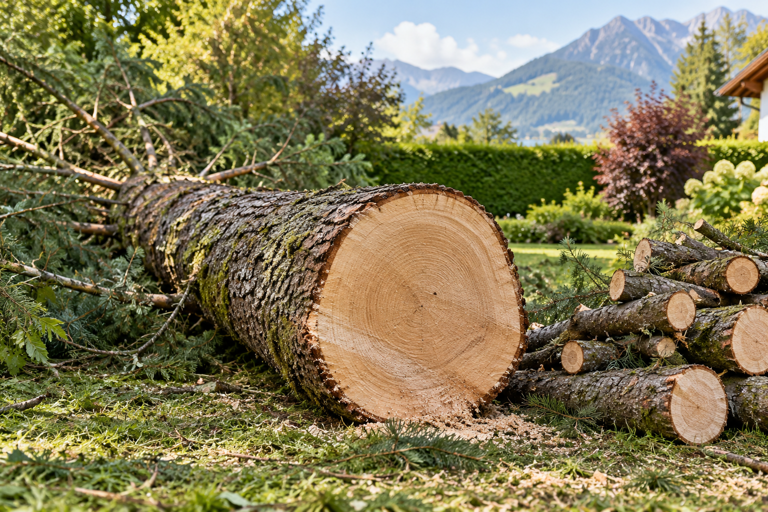 Beispielbild: liegender gefällter Baumstamm und geschnittene Äste