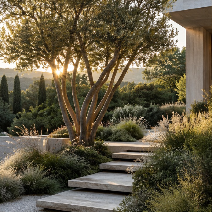 Illustrative Gartenbildwelt mit Bäumen, Gräsern und einem Weg im Abendlicht