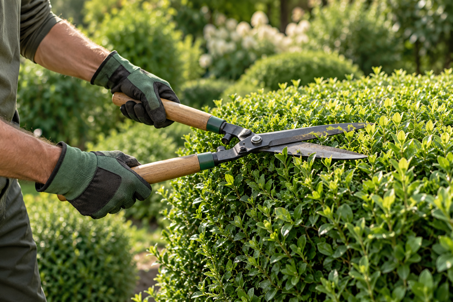 Illustratives Detailmotiv: Hände mit einer Heckenschere bei der Gartenpflege